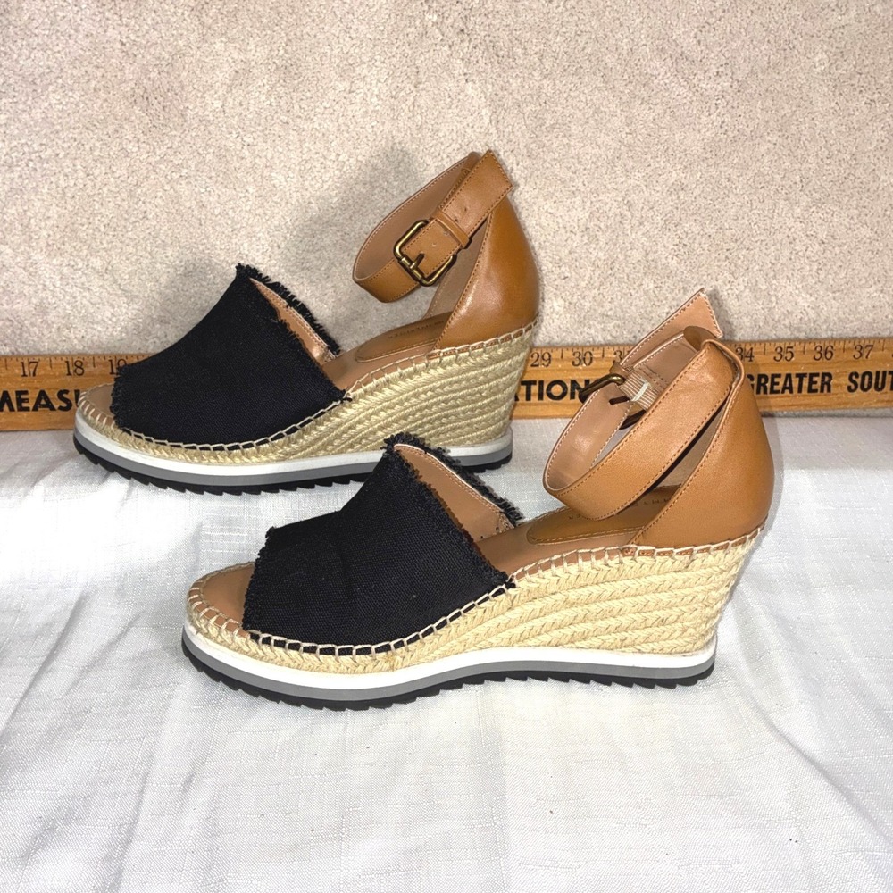 Tommy Hilfiger Black Tan Canvas Leather Espadrille Wedge Sandals Womens 9M - Picture 2 of 8